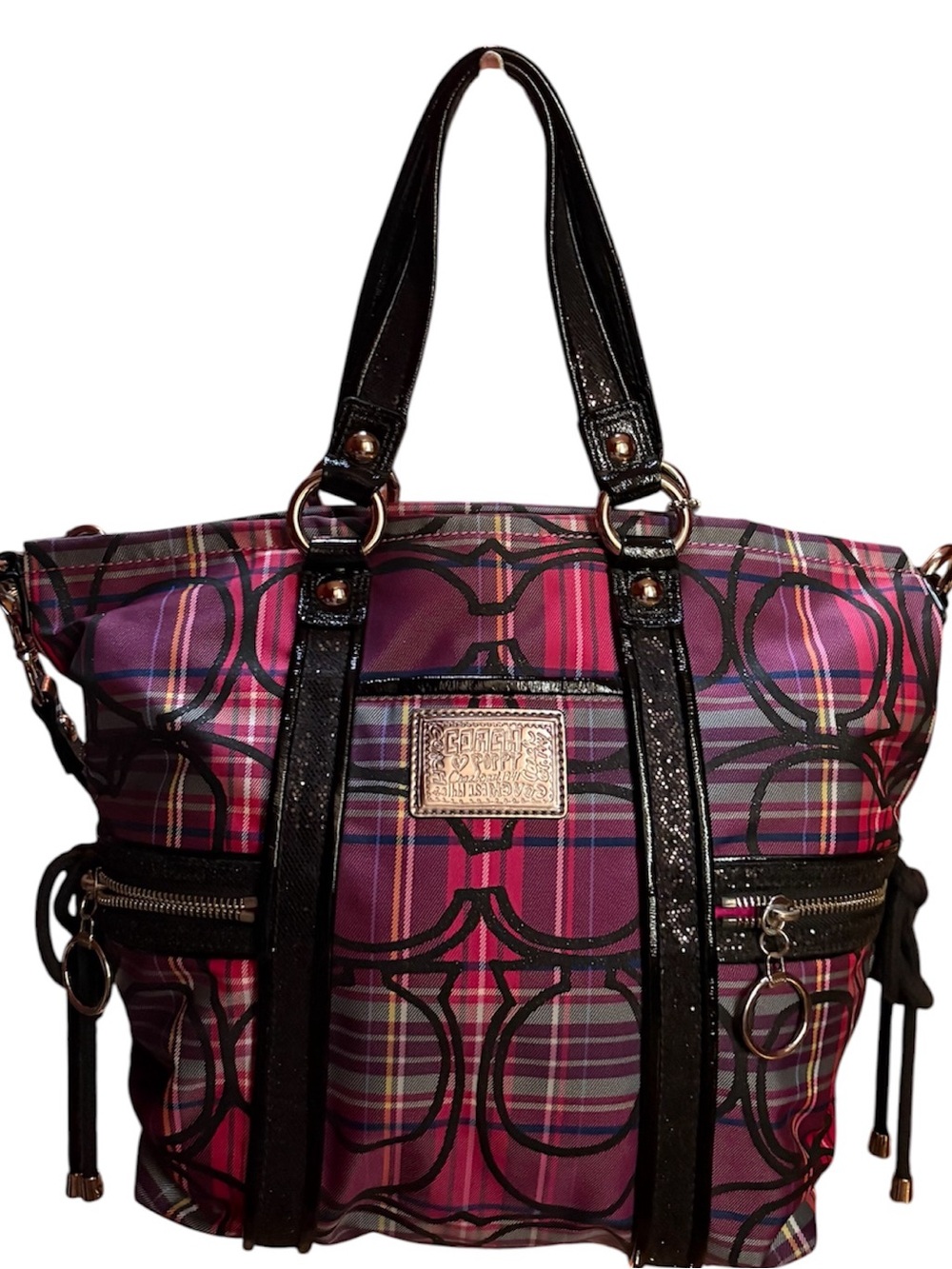 Coach Poppy Pink Plaid Tote Bag with Black Trim 2 Charms Included Like New